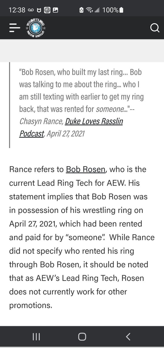 As for AEW 'renting rings from Chasyn Rance' it appears they had rented a ring from Bob Rosen, that Chasyn had previously rented prior to 2021, but it was not Chasyn's ring. They did not buy a ring from Team Vision Dojo. Ring rentals can be seen on a multitude of shows
