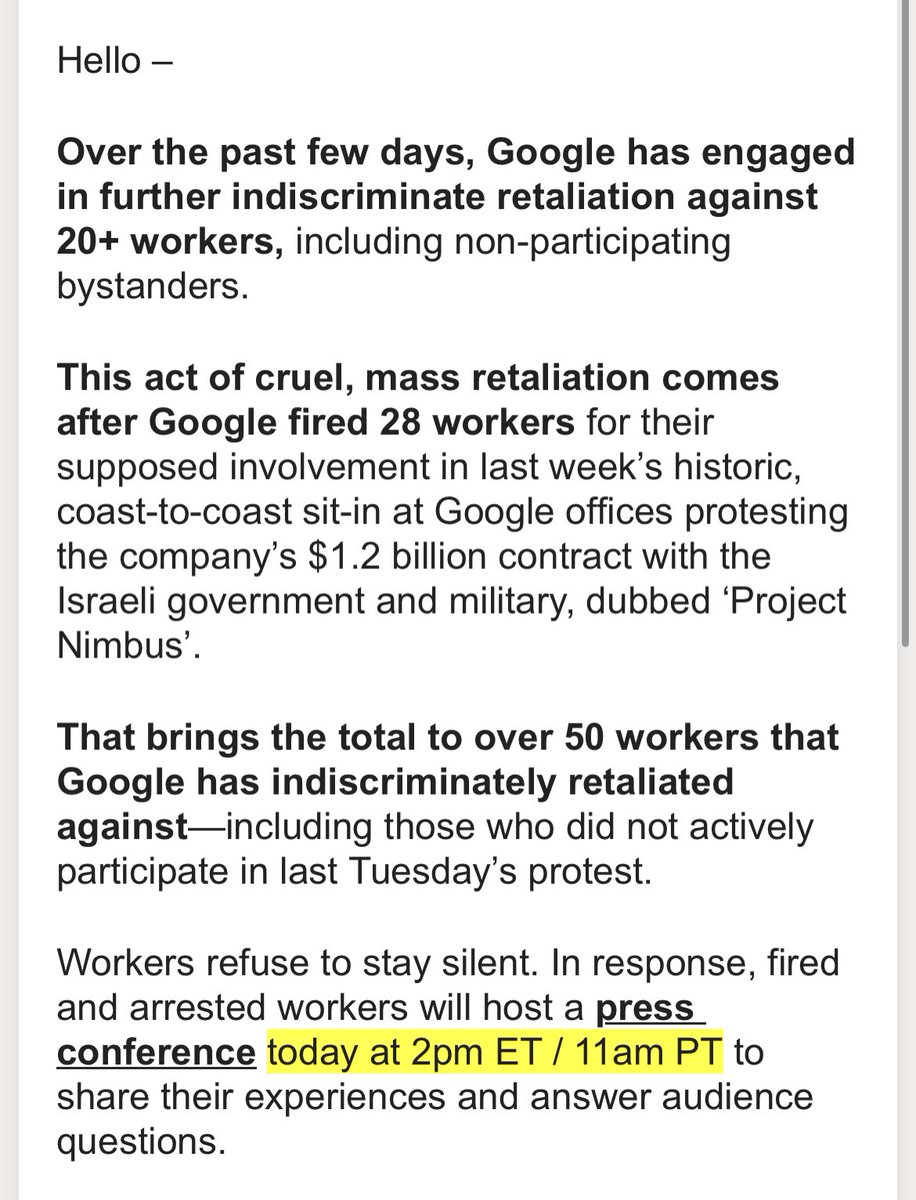 Inbox: More Google workers have been fired in response to the worker sit-in. Press conference at 2pm ET. Link: youtube.com/live/LLiWHO71f…