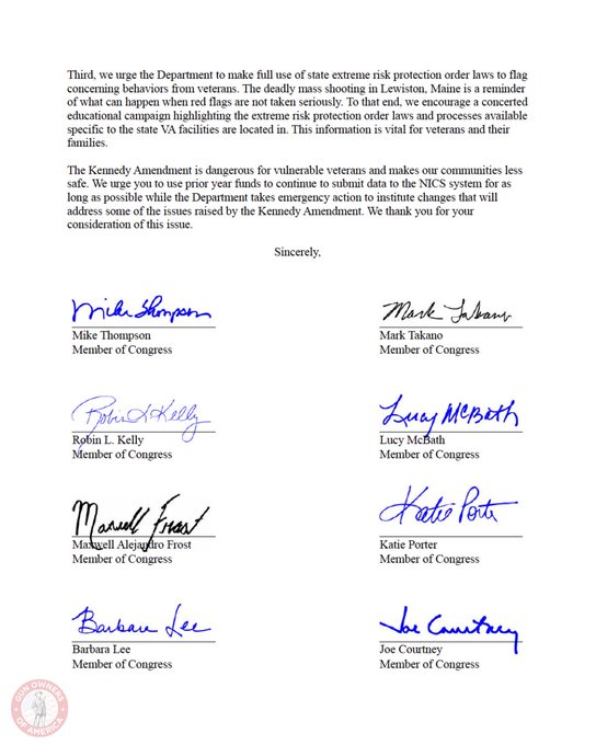 In March, more than 140 House Democrats including @MaxwellFrostFL @RepKatiePorter @MarkTakano signed a letter demanding the VA reinstate the use of red flag laws in multiple states, violating the second amendment rights of veterans. These laws were used by the VA to block…