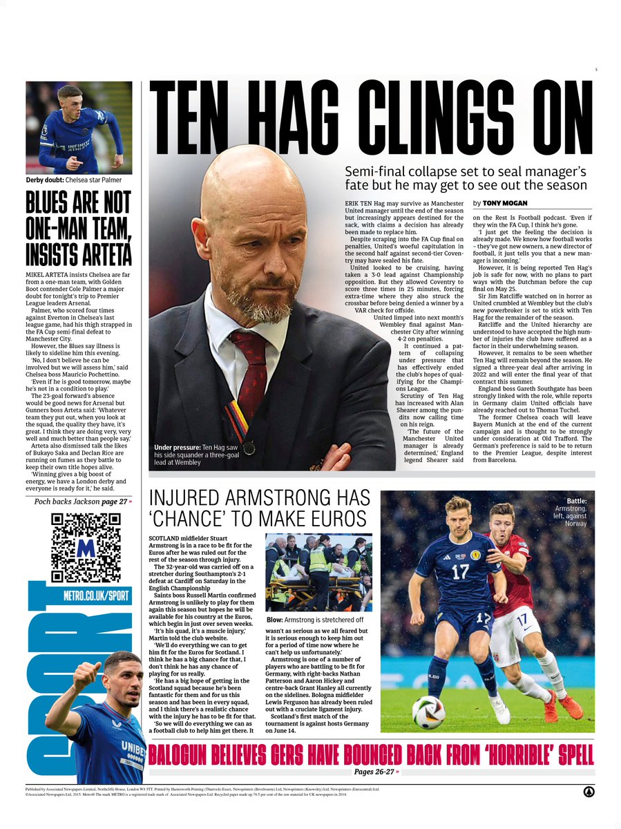 Tuesday's back page      

TEN HAG CLINGS ON  

🔴Semi-final collapse set to seal manager’s fate but he may get to see out the season

Plus Injured Stuart Armstrong has ‘chance’ to make euros

#TomorrowsPapersToday #scotpapers #skypapers #BBCPapers #scottishfootball