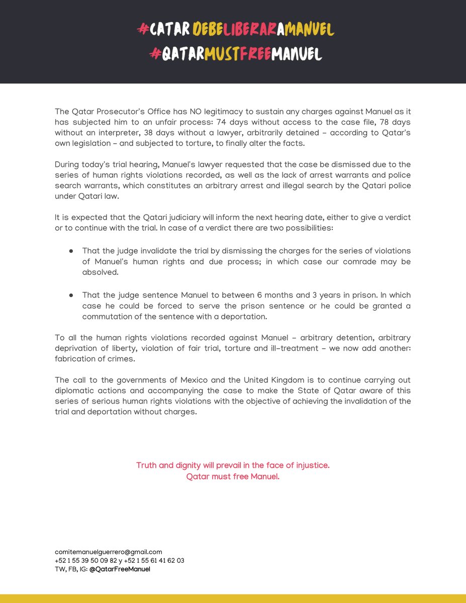 #PressRelease 📢 | Qatar (@GCOQatar) filed false drug charges against Manuel Guerrero 🏳️‍🌈 to avoid admitting that he was arrested, imprisoned and tortured for being gay and for HIV.

@SRE_mx  and @FCDOGovUK  must demand invalidation of the trial and deportation without charges.