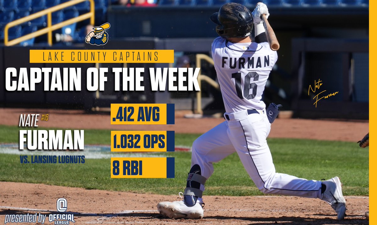 The Captain of the Week presented by @officialeague goes to Nate Furman 🏆 Furman hit a team-best .412 (7-for-17) and recorded a .444 OBP, a .588 SLG, and a 1.032 OPS. His go-ahead grand slam on April 18th was the first home run of his @MiLB career. 🖇️ milb.com/lake-county/ne…