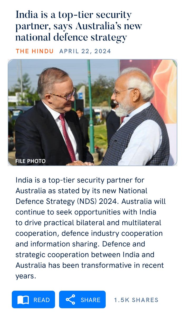 ऑस्ट्रेलिया अपने सुरक्षा भारत के हवाले से ही देख रही हैं |
#IndiaAustraliarelations
#IndiaAustraliaSecurityPartnership 
#ViksitBharat #BharatShakti #CommonIndian 

India is a top-tier security partner, says Australia’s new national defence strategy
thehindu.com/news/national/…