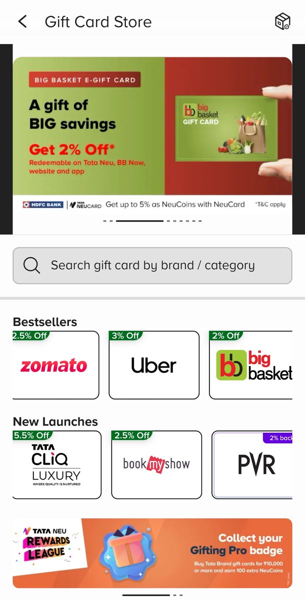 @tata_neu Gift Card Store is a joke. You can get Gift Cards way cheaper from other apps like Park+, MagicPin, etc. 
For example, TataNeu sales Bigbasket GV for 2% off whereas Park+ sales for 5% off.