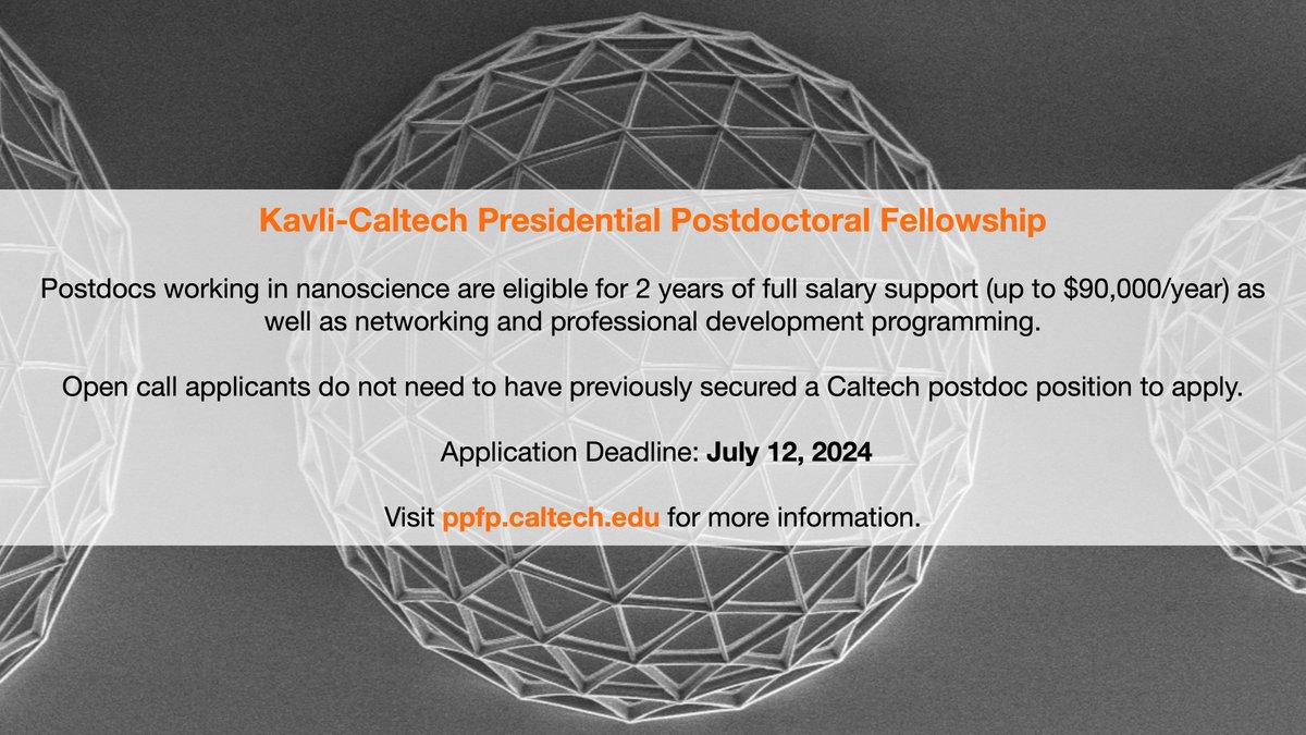 Please share! Opportunity for a two-year postdoctoral fellowship at Caltech for researchers in nanoscience. 
Visit ppfp.caltech.edu to learn more about the Kavli-Caltech Presidential Postdoctoral Fellowship.