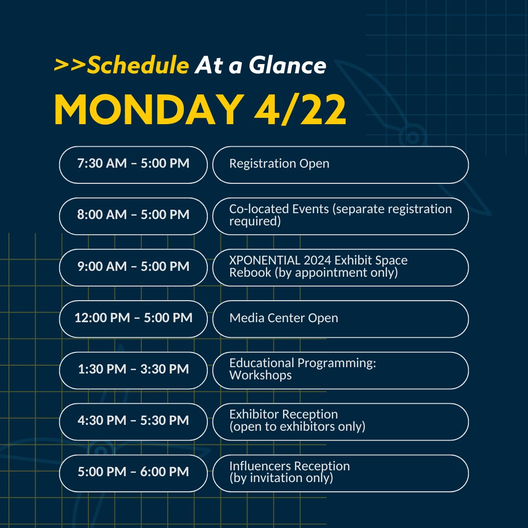 Happy first day of XPONENTIAL. 🛸 Here's a quick overview of today's schedule ^ Check out the full schedule here: bit.ly/3JwP49a #XPO2024 #TechConference #STEM #UncrewedInnovation