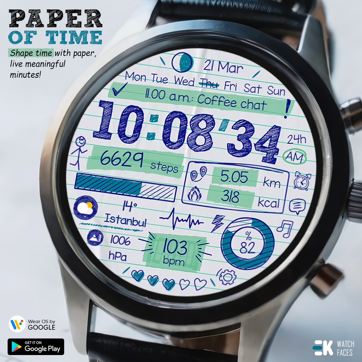 Shape time with paper, live meaningful minutes!⌚🖋️📃

Watch: play.google.com/store/apps/det…
Other Watches: play.google.com/store/apps/dev…

#ticwatch #wearosface #watchfaces #wearosbygoogle #galaxywatch4 #galaxywatch5 #galaxywatch6 #androidwear #googleplay #suunto7 #fossilwear #Android