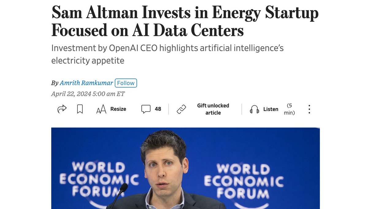 .@sama's first investment announcement in quite some time

$20m seed led by him + @a16z into Exowatt, working on delivering low cost energy to data centers

And of course, where is this frontier energy tech startup based?

Well in Wynwood, Miami of course!