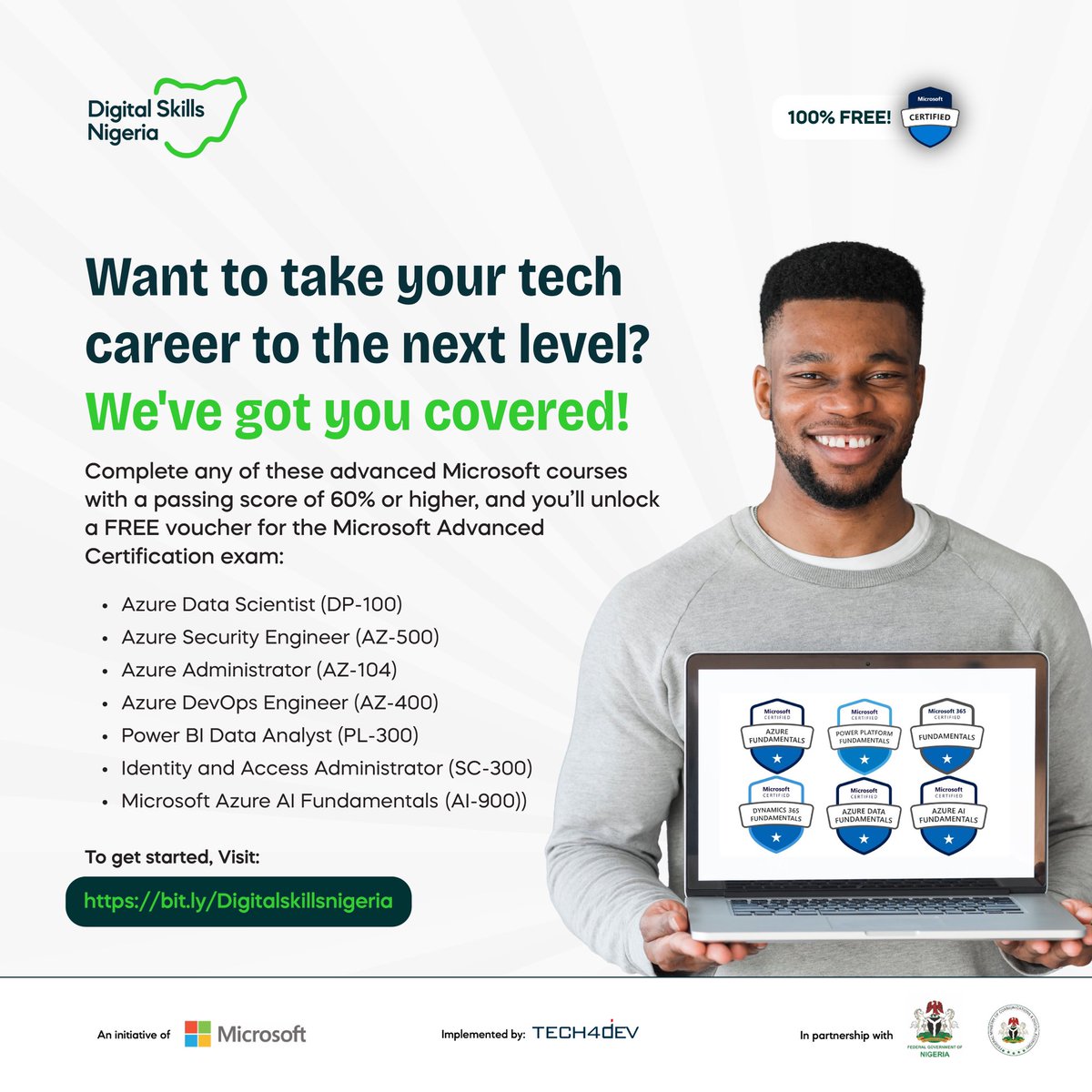 Level up your tech career for FREE!    Take and pass any of these advanced Microsoft courses with a score of 60% or higher, and you'll unlock a FREE voucher for the official Microsoft exam:   • Azure Data Scientist (DP-100)   • Azure Security Engineer (AZ-500)   • Azure