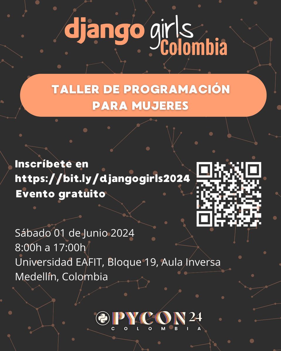 🎉Django Girls llega a Pycon Colombia este año. 💻💫 ¿Lista para sumergirte en el mundo de Django y desarrollar tus habilidades de programación? 
Únete a nosotras para un día lleno de aprendizaje, inspiración y diversión.
Inscripciones: djangogirls.org/en/medellin/ Cupos Limitados!