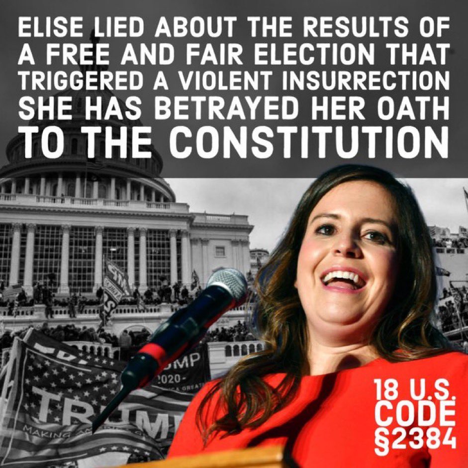 @EliseStefanik @Columbia @nypost Today I formally demanded @EiseStinkfanik resign following her actions to put the mob of insurrectionist and agitators ahead of a Peaceful Election transition, and her continued support for the convicted criminals.