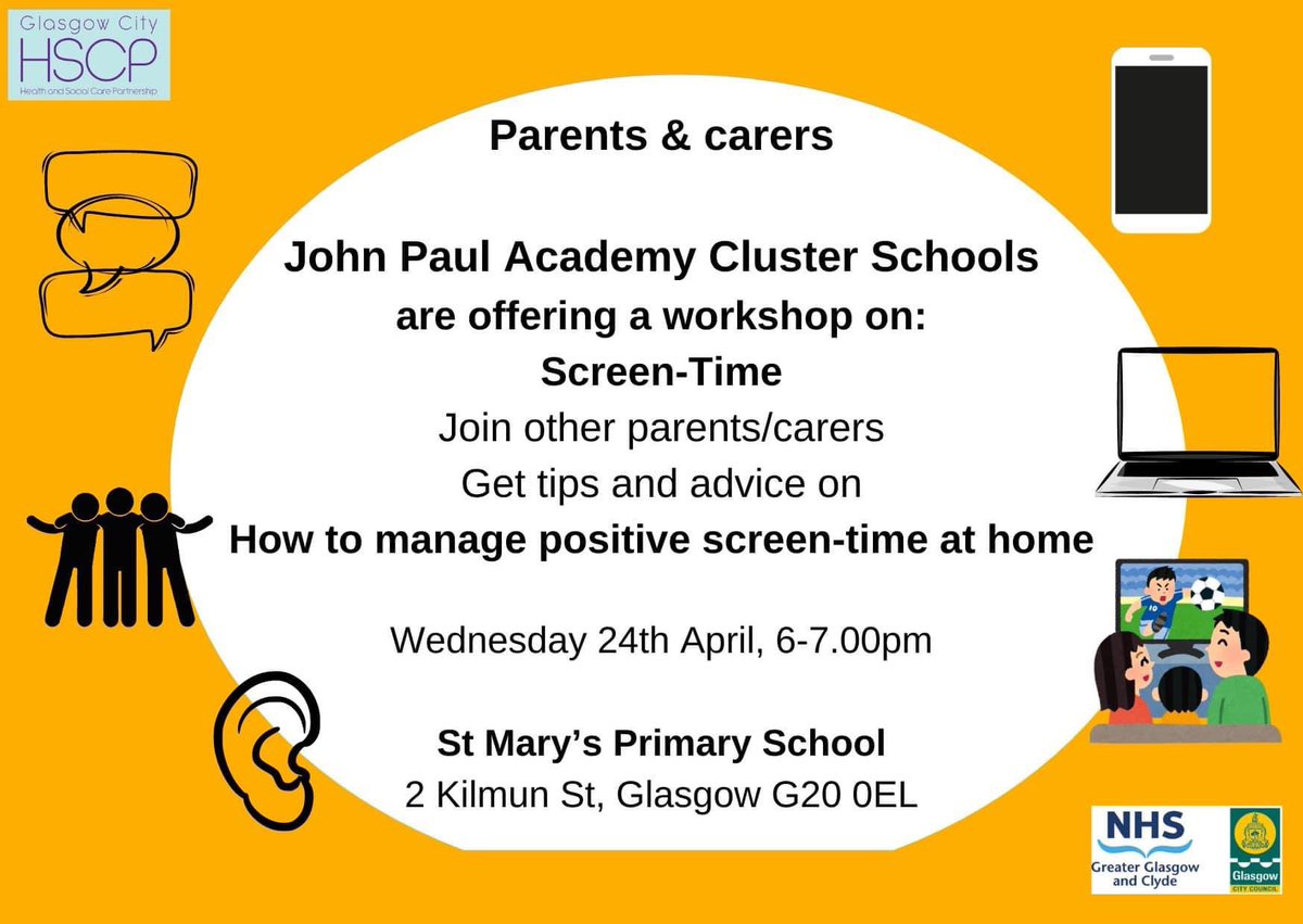 A reminder of the details of our next @johnpaulacademy #LearningCommunity Parent Workshop. This time the workshop is about #ScreenTime and will take place at @stmarysmaryhill this Wed,  24th Apr at 6pm. #ParentsAsPartners @StBlanesGCC @StCharlesGla @MaryhillPark @LangaStNursery