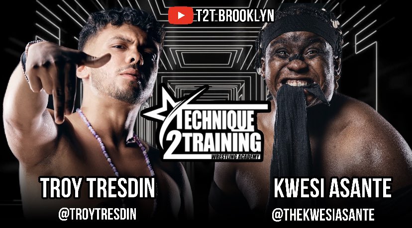 T2TWrestling's tweet image. Another #T2Tuesday Pops Off Tomorrow Night At 6pm. Two Friends Collide In One On One Action. Who’s Coming Up On Top? @thekwesiasante @troytresdin . 
youtube.com/@T2TBrooklyn?s…