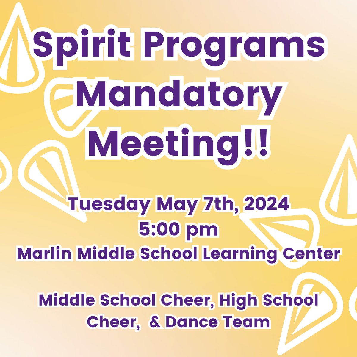 Please mark it in your calendars we will have a MANDATORY Spirit Programs meeting May 7th at 5 pm in the MMS learning center to discuss next year. Parents please be in attendance! See you there!💜