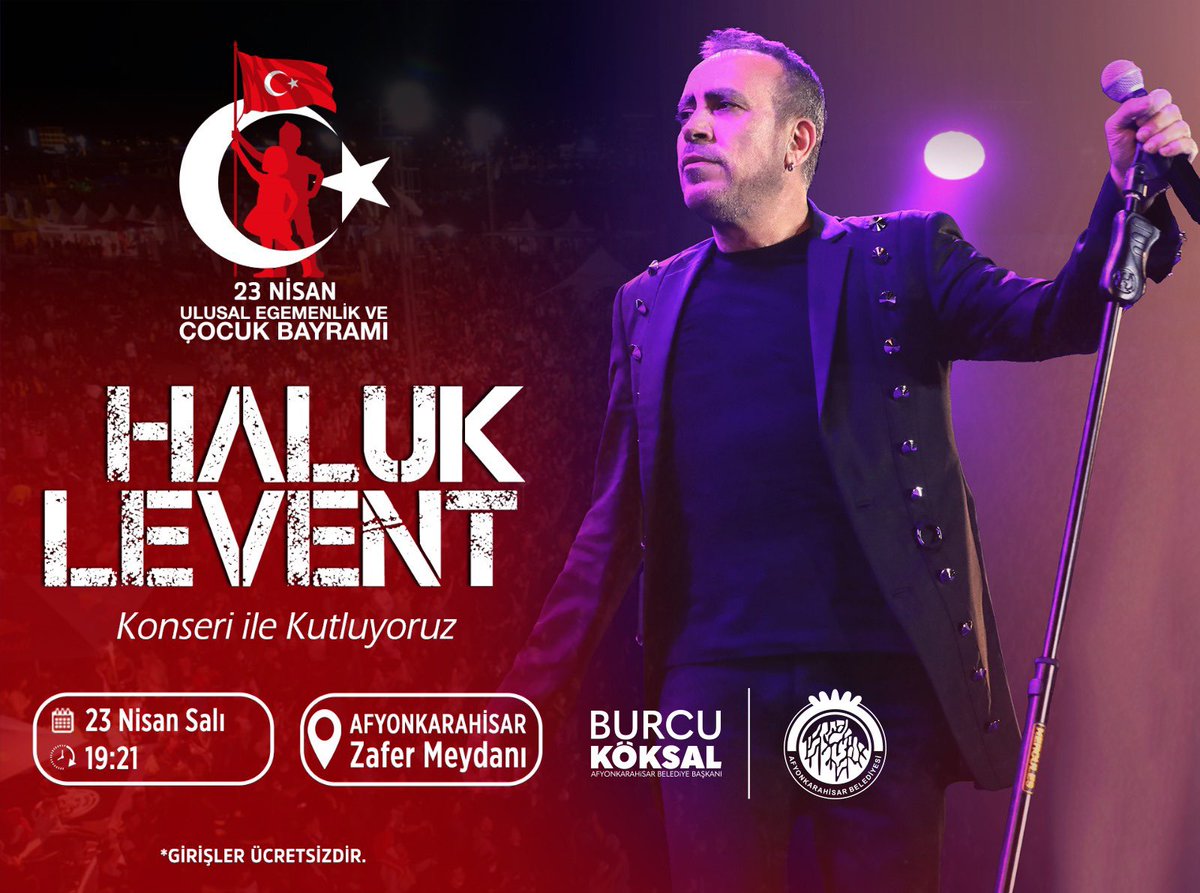 🎈23 Nisan'a Özel Muhteşem Konser...
Türk Rock Müziğinin efsane ismi Haluk Levent yarın akşam sizlerle Buluşuyor...🇹🇷

📍Zafer Meydanı
🗓️23 Nisan Salı
🕖19:21

Girişler Ücretsizdir.

@Av_Burcu03

<a href="/haluklevent/">Haluk Levent ( Ahbap Ekibi )</a>