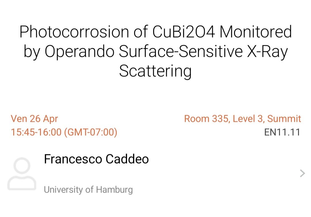 Franks209's tweet photo. Looking forward to present our group latest results at #S24MRS on monitoring the photocorrosion of CuBi2O4 in a PEC cell using operando surface sensitive x-ray scattering - join my talk on Friday, room 335. https://t.co/qVnkt2rIi6