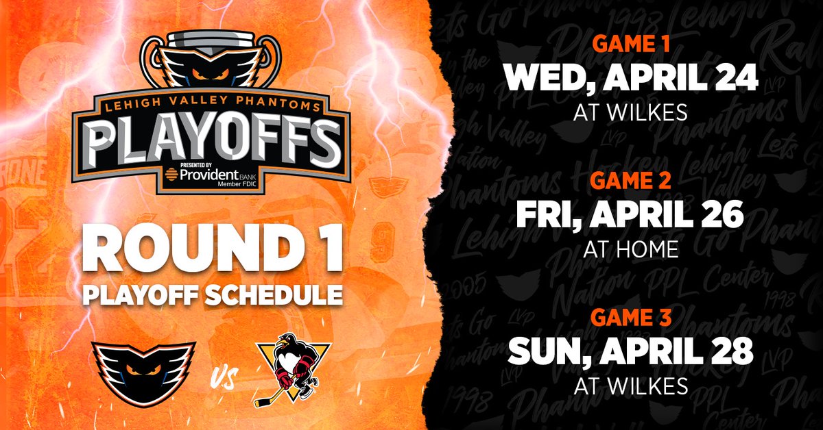 Lehigh Valley Phantoms vs. Wilkes-Barre/Scranton Penguins in Calder Cup Playoffs. Best of 3 series starts Wednesday in Wilkes. Then a home playoff game on Friday. Let's Go!!! If Phantoms win then Round 2 would be a Best of 5 against the defending champion Hershey Bears.