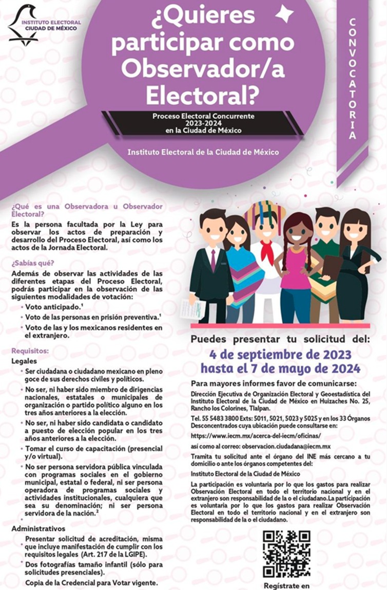 Distrito15IECM's tweet photo. Regístrate para observar las #EleccionesCDMX, donde votaremos para elegir una Jefatura de Gobierno, 33 Diputaciones Locales y 16 Alcaldías. ¡Tu presencia asegura unas elecciones justas y transparentes! https://t.co/tR7wYkLaKn