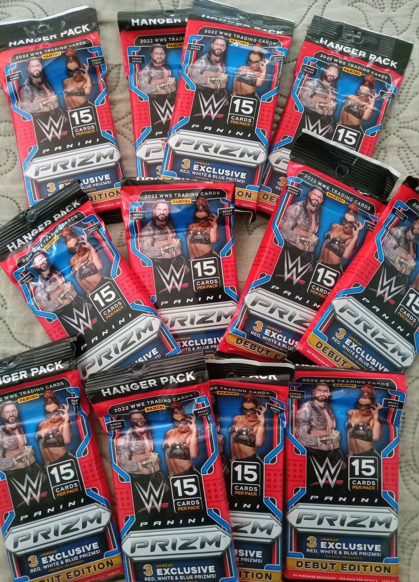 Break/12 Hanger Packs of 2022 Panini Prizm WWE/36 Red, White and Blue Prizms/Debut Edition/25 random spots/First letter of first name/15 spots left/Letters will be shuffled every pack. $5 per random with free shipping when stacked. Break when full or Thursday 4/25/2024.