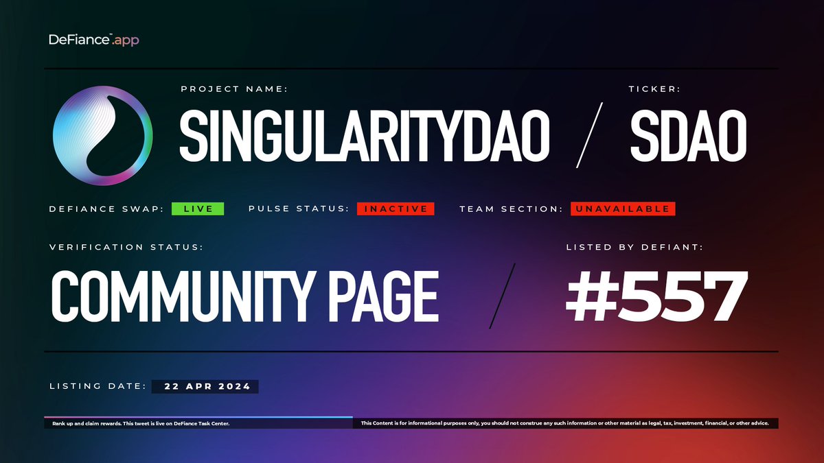 .@SingularityDAO community page is now live on DeFiance.app/project/Singul…. $SDAO is now listed on #DeFianceSwap. SingularityDAO is a decentralized Portfolio Management Protocol designed to enable anybody to safely and easily manage crypto assets, supported by superior risk…