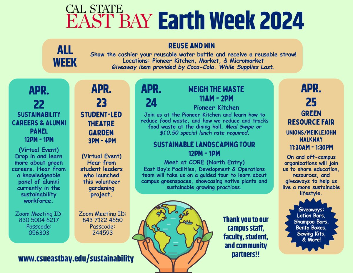 Happy #EarthDay!🌎🌱

CSUEB is committed to reducing our carbon footprint, promoting environmental justice and advancing a culture of sustainability. The Office of Sustainability has activities all week to help our community learn to be more sustainable.

csueastbay.edu/sustainability/