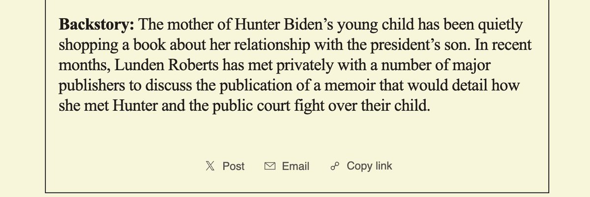 From last night's @semafor media newsletter: Lunden Roberts, who had a child with Hunter Biden, is shopping a book semafor.com/newsletter/04/…