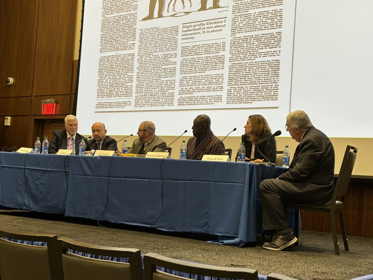 A pleasure to hear from this distinguished panel ( l to r): McMillen, Len DeLuca, @opinion_joe , Leonard Marshall, @DanaONeilWriter with interlocutor @BobLeyESPN. @CGranthamIII kicked off the symposium with a wonderful dialogue with McMillen. Thought provoking. @HallSportsMedia.