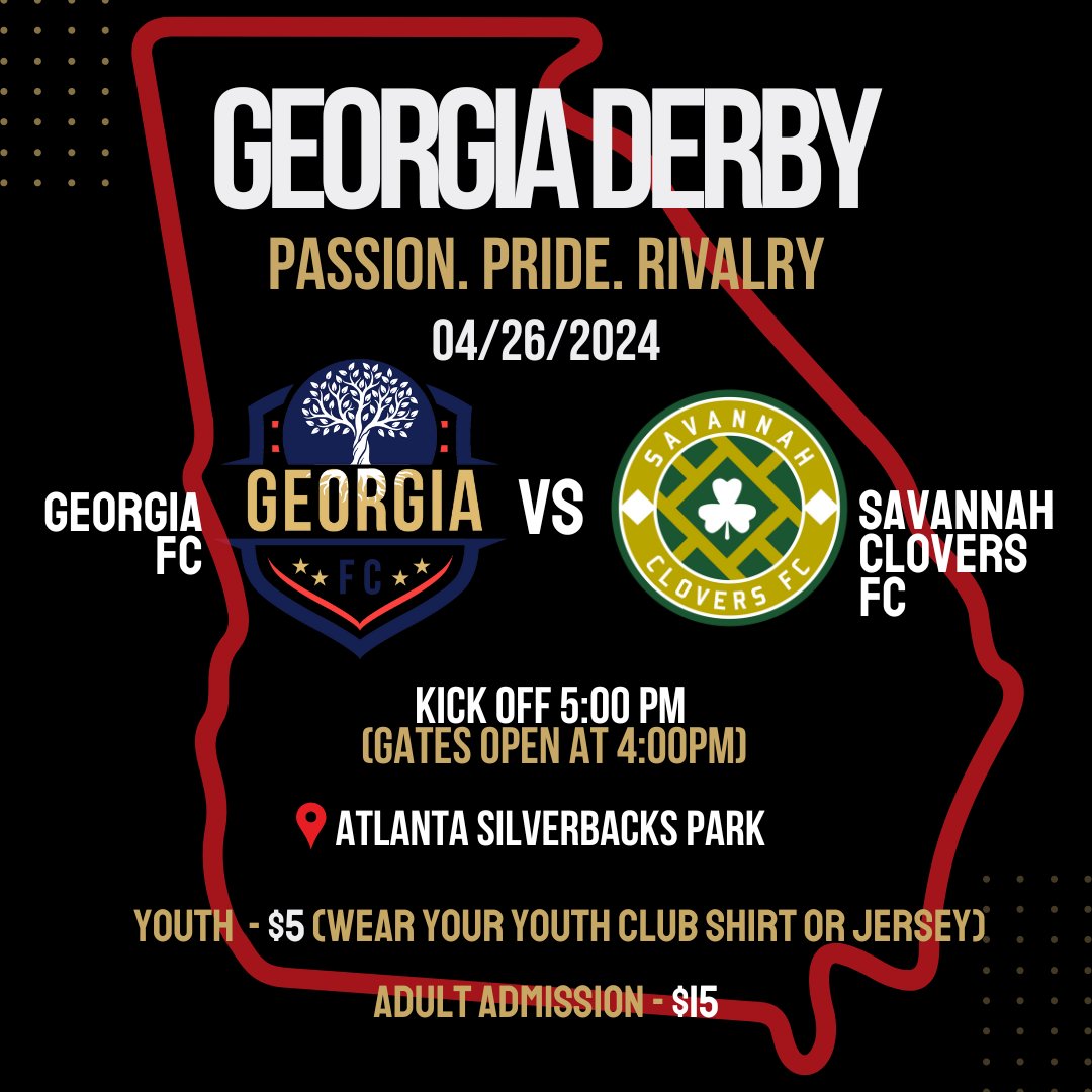 Gear up for an epic showdown! It's Derby Week at Silverbacks Park as we face off against the Savannah Clovers FC in the inaugural Georgia Derby! 🏆 Let's kick off this exciting new rivalry with a bang! #GeorgiaDerby #NISASoccer #GeorgiaShowdown #Soccer