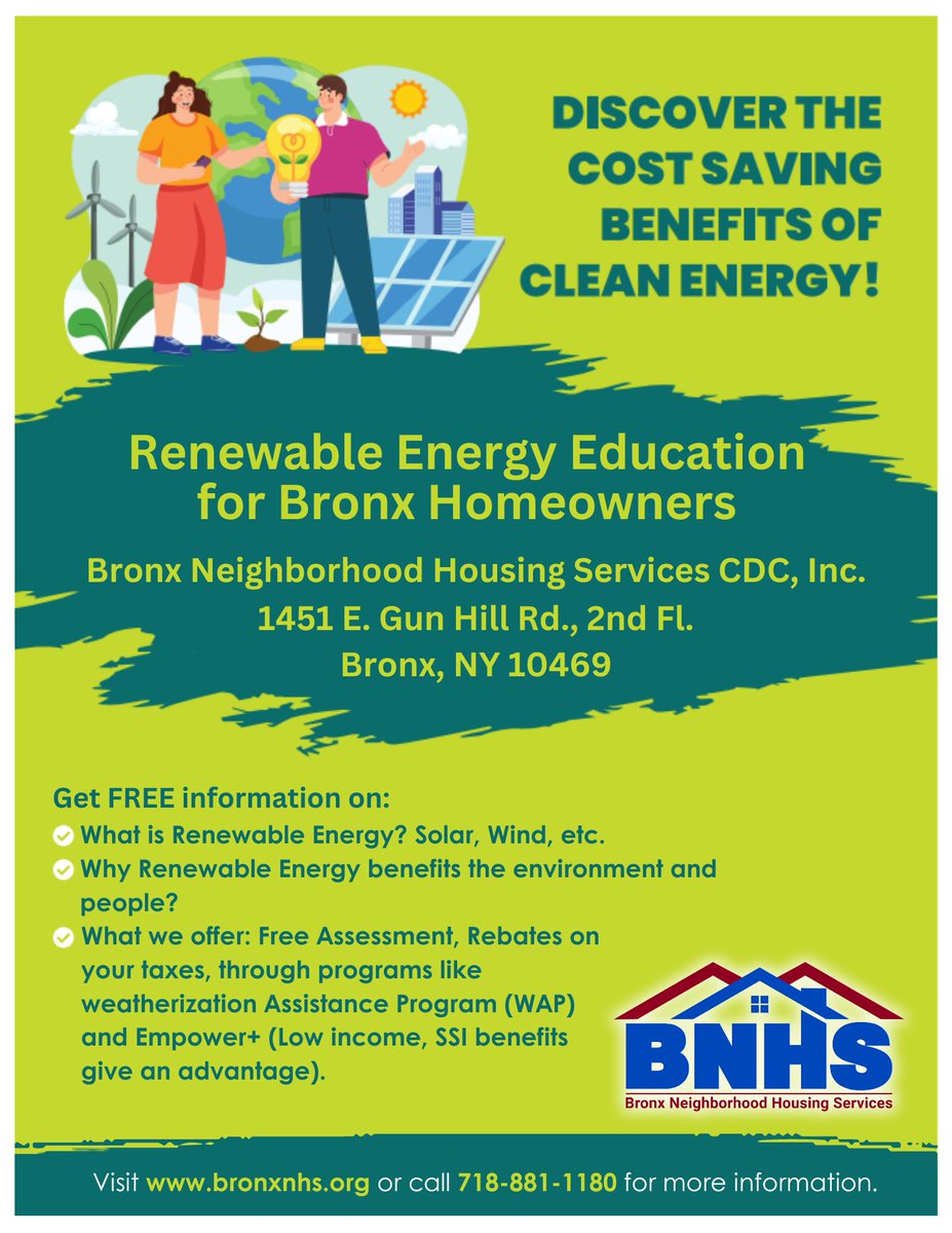 🌎🌱 Happy Earth Day! 🌱🌎
Let's make every day Earth Day by embracing clean energy resources right here in our borough! 
Give us a call at 718-881-1180 or visit bronxnhs.org  Together, let's make a difference for our planet and our community #EarthDay  #Sustainability