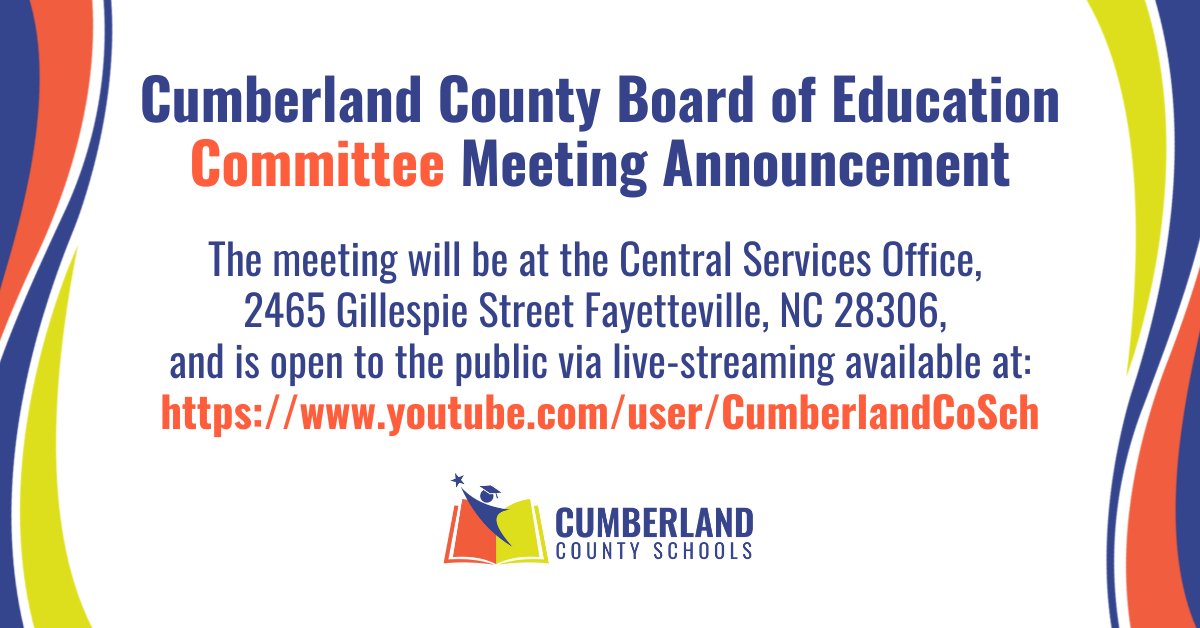 📣 The Auxiliary Services, Student Support Services, Policy, Curriculum, Finance and Personnel Committees of the Cumberland County Board of Education will hold meetings beginning at 8:30 a.m. on Thursday, April 25. Learn more and review the agenda at: tinyurl.com/4vaxxmks.