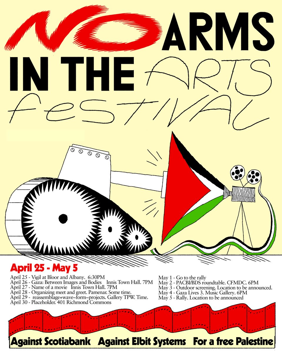 drew this poster for No Arms In The Arts Festival, independent Palestinian counterprogramming full of films, panels and actions running through Hot Docs we do this in opposition to Hot Docs sponsor Scotiabank's Elbit Systems investment noarmsinthearts.com