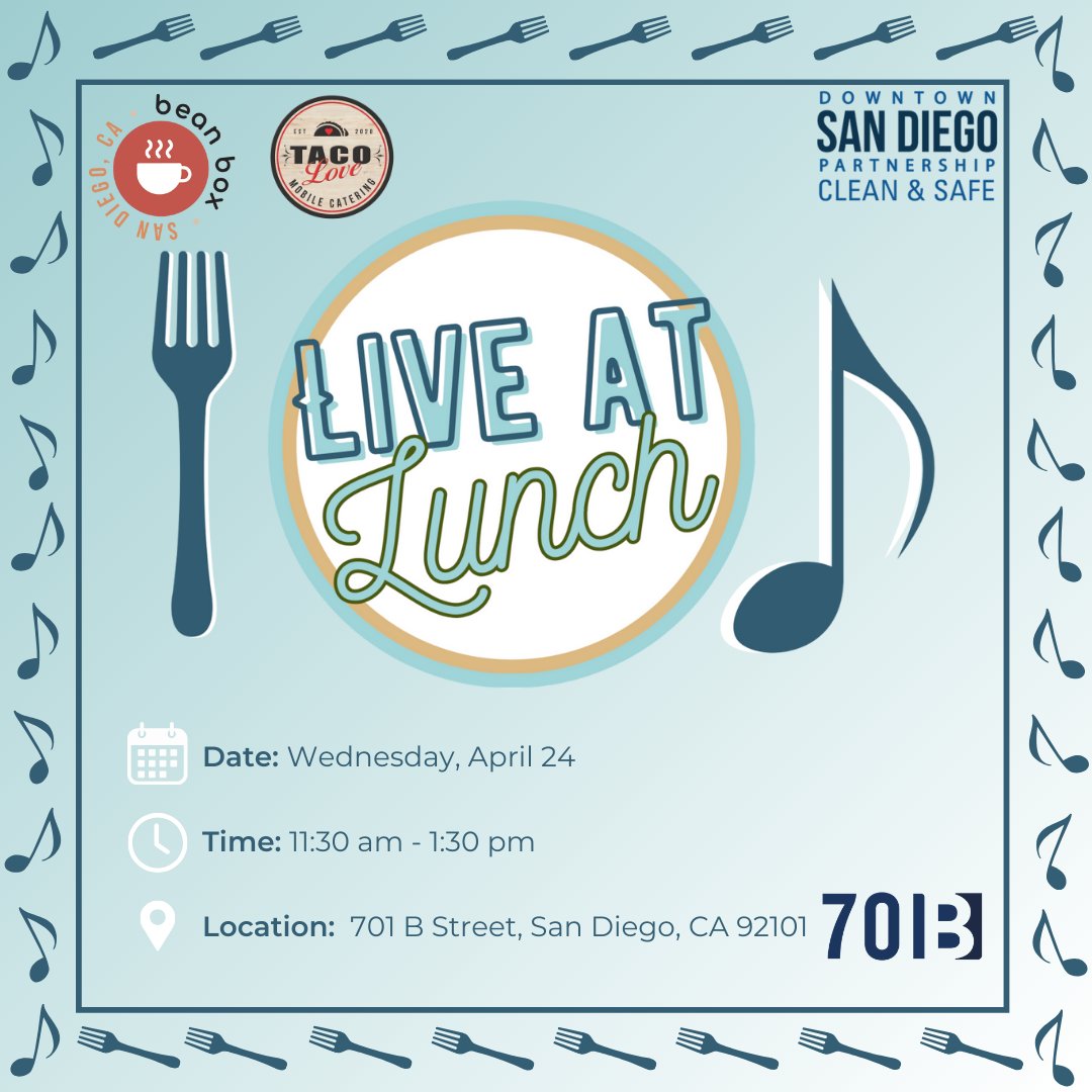 Join us for Live at Lunch at the 701 B St. plaza space and enjoy a lively afternoon for you and your crew! Lunch options from Taco Love and The Bean Box will be available for purchase. We can't wait to see you there! 🏙️💙