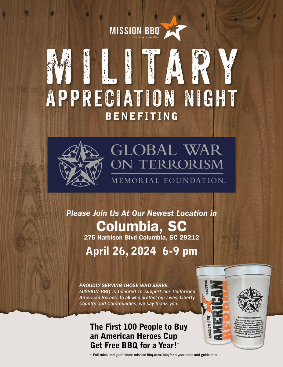 Want FREE BBQ For A Year? Come to Military Appreciation Night at our new location in Columbia, SC on Friday, from 6pm-9pm. Be one of the first 100 to buy an American Heroes Cup and get FREE BBQ for a year! 275 Harbison Blvd Columbia, SC 29212