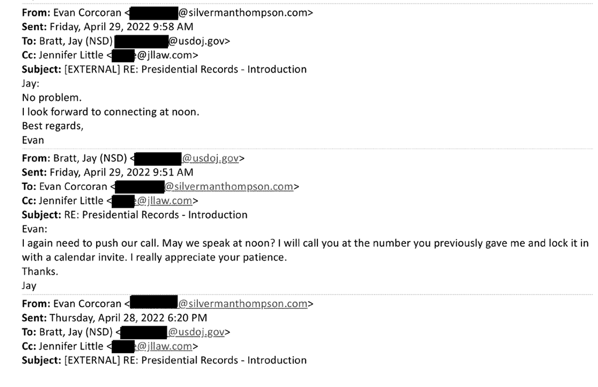 LOL Trump and his lawyer were so uncooperative and obstructiony that HE EMAILED JAY BRATT (DOJ chief who visited MAL in June 2022 and now heads Jack Smith's team in classified docs case) TO INTRODUCE HIMSELF. This is BEFORE DOJ sent a subpoena in May 2022 for more records.