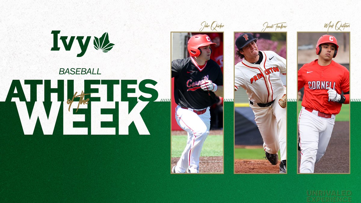 Following strong performances, @CornellBaseball's John Quinlan (player), @PUTigerBaseball's Jacob Faulkner (pitcher) and @CornellBaseball's Mark Quatrani (rookie) earned weekly Ivy League baseball honors.🌿⚾️ 📰 » ivylg.co/BASE042224