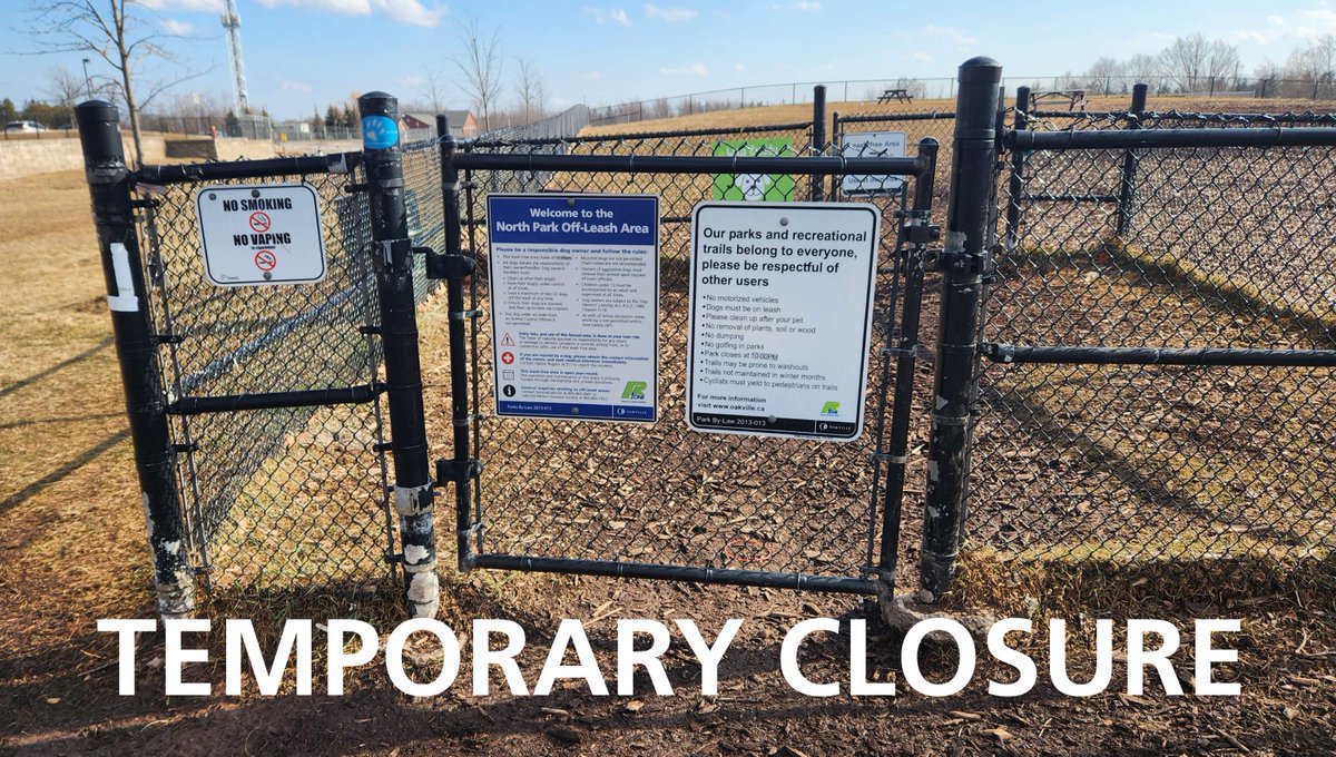 Reminder: The Sixteen Mile Dog Park is temporarily closed as pre-construction work begins for the volleyball, tennis and pickleball courts. The dog park will reopen this summer at its new location. Details: oakville.ca/town-hall/news…