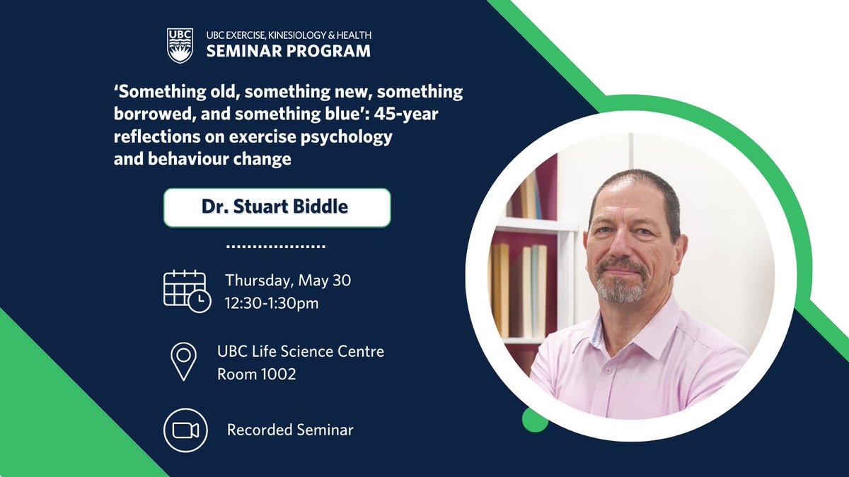 Join us on May 30th from 12:30pm - 1:30pm when Dr. Stuart Biddle explores 'Something old, something new, something borrowed, and something blue: 45 - year reflections on exercise psychology and behaviour change'. ow.ly/uxS750RkivO @stuart_biddle