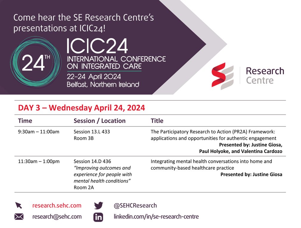Last Day of #ICIC24 @IFICInfo! Session 13.L 9:30AM-11:00AM at Room 3B Don't miss @JustineGiosa @ValCardozoV @PHolyoke's presentation on PR2A Framework - developed by @SEHCResearch to guide authentic engagement of #ExpertsByExperience in applied #research 🔗research.sehc.com/SEHCResearch/m…