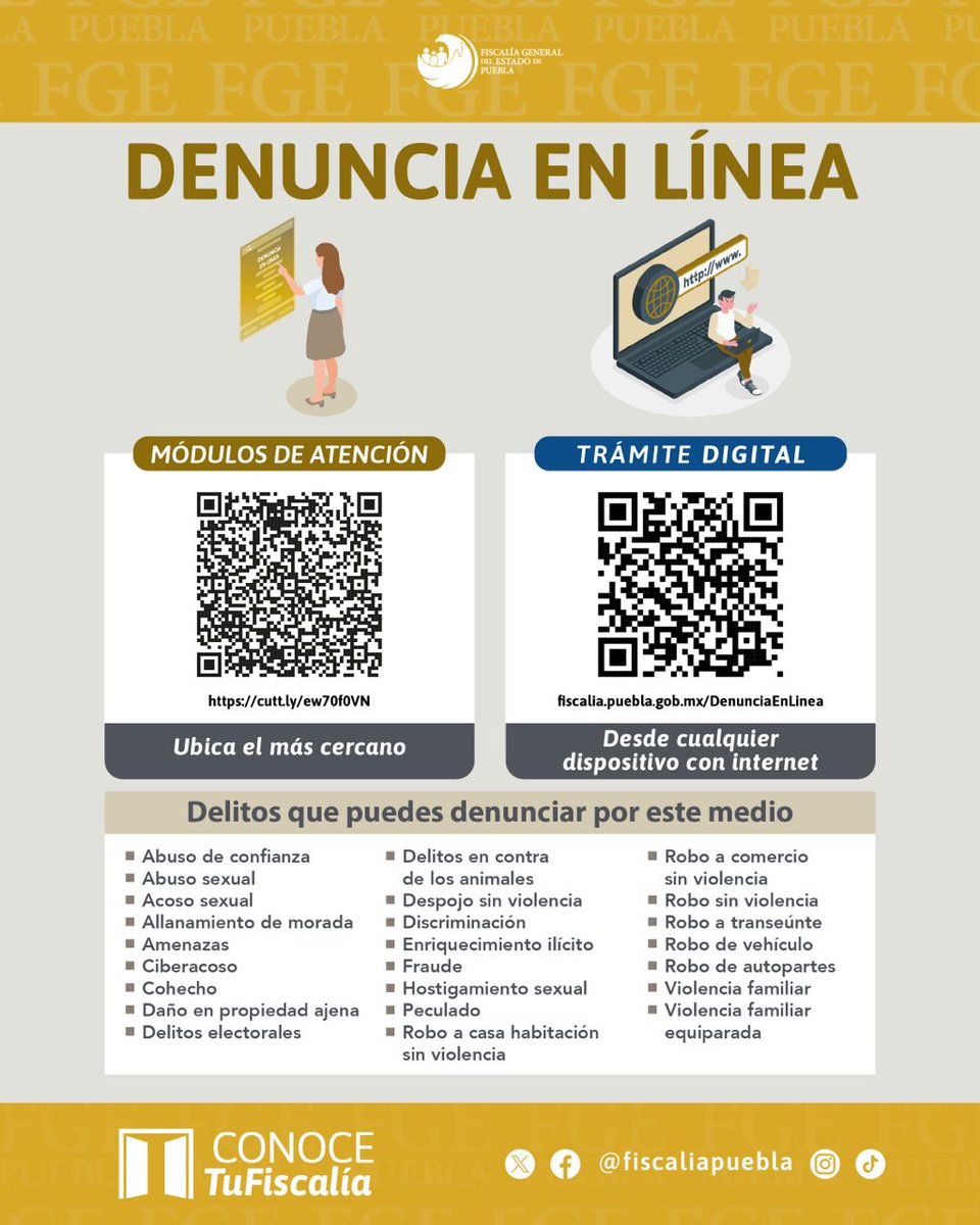 #ConoceTuFiscalía | Consulta el catálogo de delitos aplicables para iniciar tu #DenunciaEnLínea: 💻📱 fiscalia.puebla.gob.mx/DenunciaEnLinea O consulta el mapa interactivo y acude a tu módulo más cercano: 🗺️📍cutt.ly/ew70f0VN ¡Acércate a la @FiscaliaPuebla!