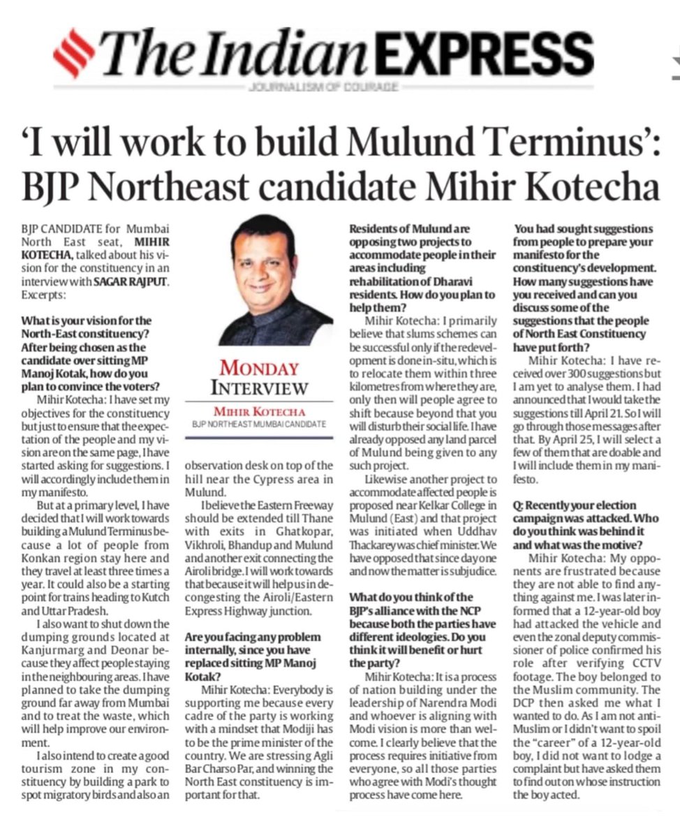 This is how a deep rooted true mass leader thinks and plans! Do read this interview where our #NDA candidate for #MumbaiNorthEast, Shri @mihirkotecha ji shares with @IndianExpress his plans for the constituency once he is elected to #LokSabha! See the way he senses the pulse of…