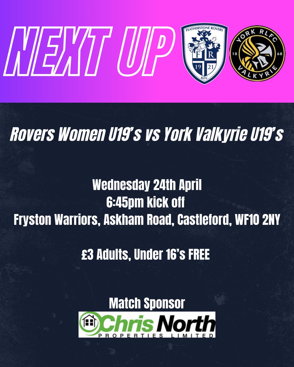 NEXT UP for our Women’s Under 19’s team is a clash against York Valkyrie U19’s on Wednesday evening. 🏉 The game will take place at Fryston Warriors. Get down and support the girls, 6:45pm KO. 💜 🤝 Chris North Properties Limited #BlueWall
