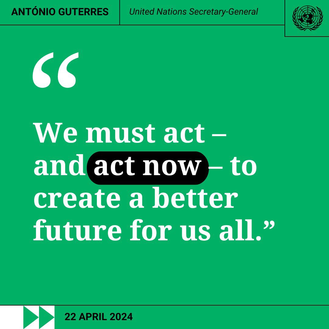 🌎 #EarthDay2024 🌍 is a celebration of our planet, but also a reminder that we must mobilise all our efforts for #ClimateAction. “We must act – and #ActNow – to create a better future for us all.” - UNSG @antonioguterres 🇺🇳 ➡ un.org/actnow