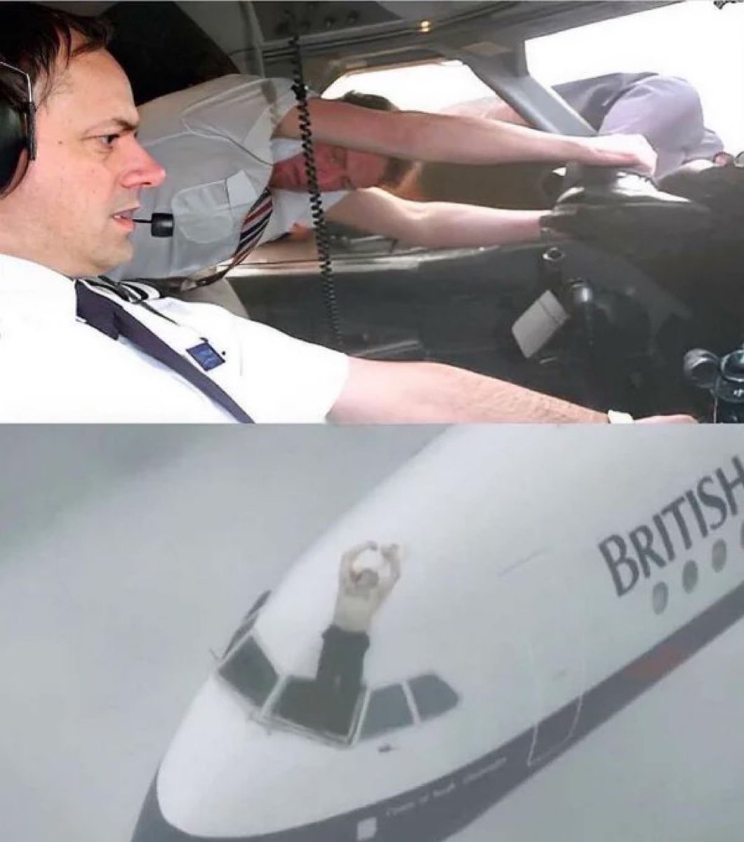 1990年ブリティッシュ・エアウェイズ5390便のフロントガラスが高度17,000フィートで剥がれ落ち
幸運なことにちょうどそのとき客室乗務員のナイジェル・オグデンがコックピットに向かう途中でした彼は機長をつかみ副操縦士が緊急着陸を試みる間20分以上その状態を維持することができました😱🤔🙏