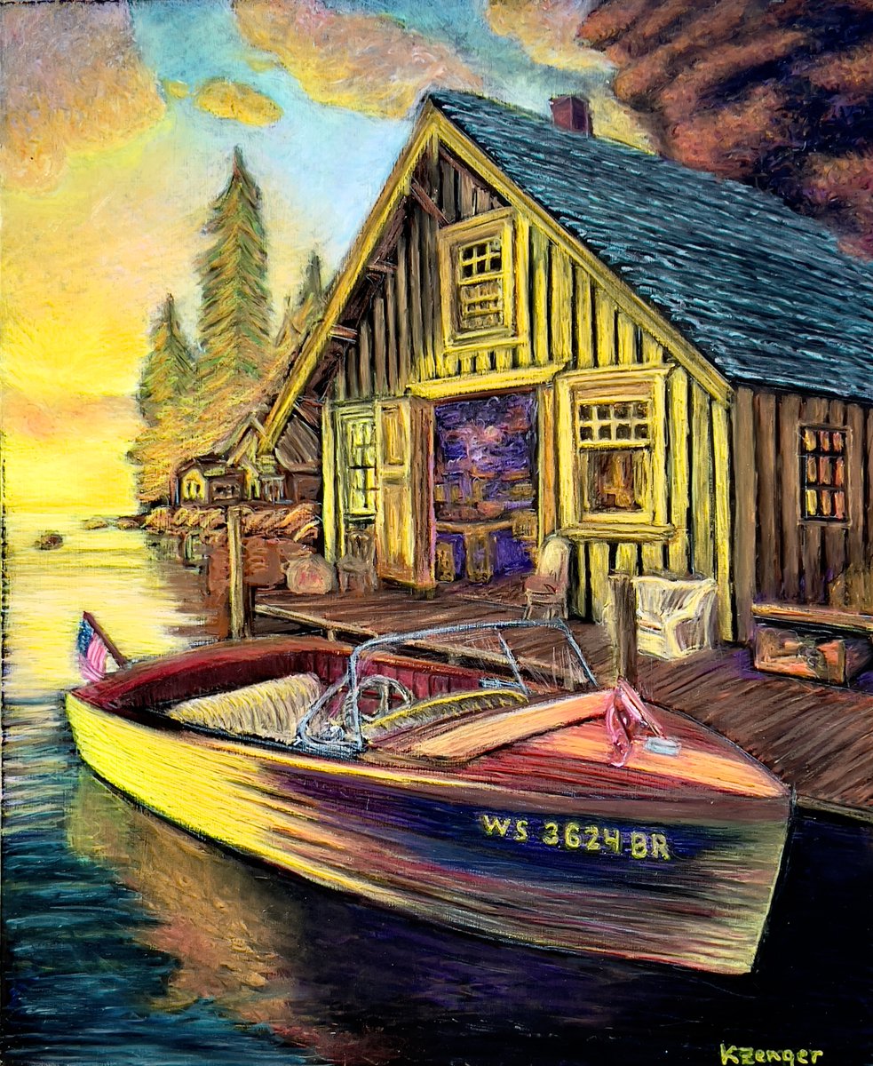 I just finished a new piece that I titled Sunset Memories. It is 18 x 22 created mainly with acrylic/wax pastels with a watercolor wash. It is done on a gesso coated board. #KenZengerArt #KZengerArt #PastelPainting #vintageBoat #LakesideArt #MixedMediaArt #WatercolorLandscape