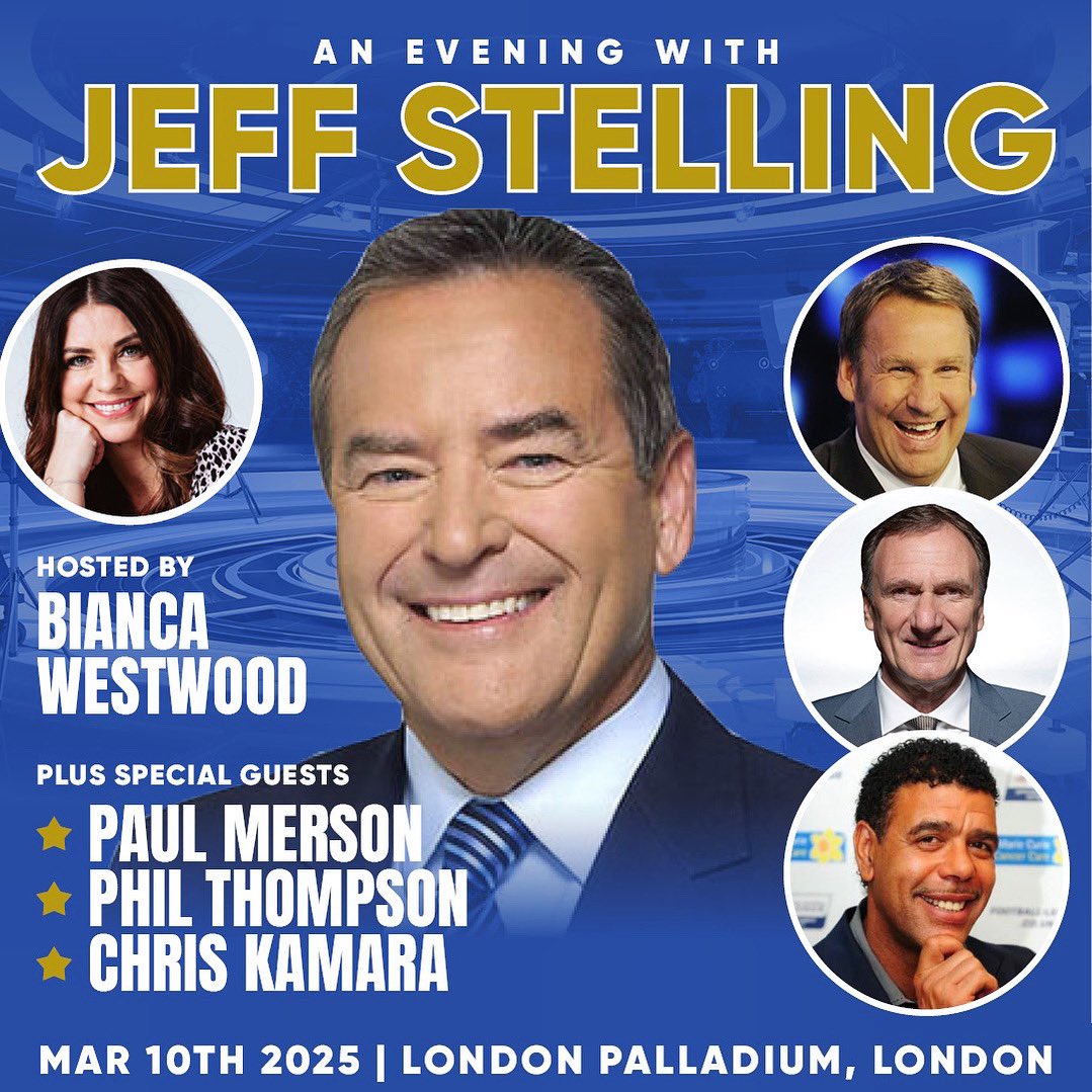 Event Announcement 📣 On March 10th 2025 The Jeff Stelling Tour comes to the iconic London Palladium with some very special guests! Jeff and Bianca will be joined live on stage by Phil Thompson, Paul Merson and Chris Kamara! Now that really is Unbelievable! 😉 Tickets on…