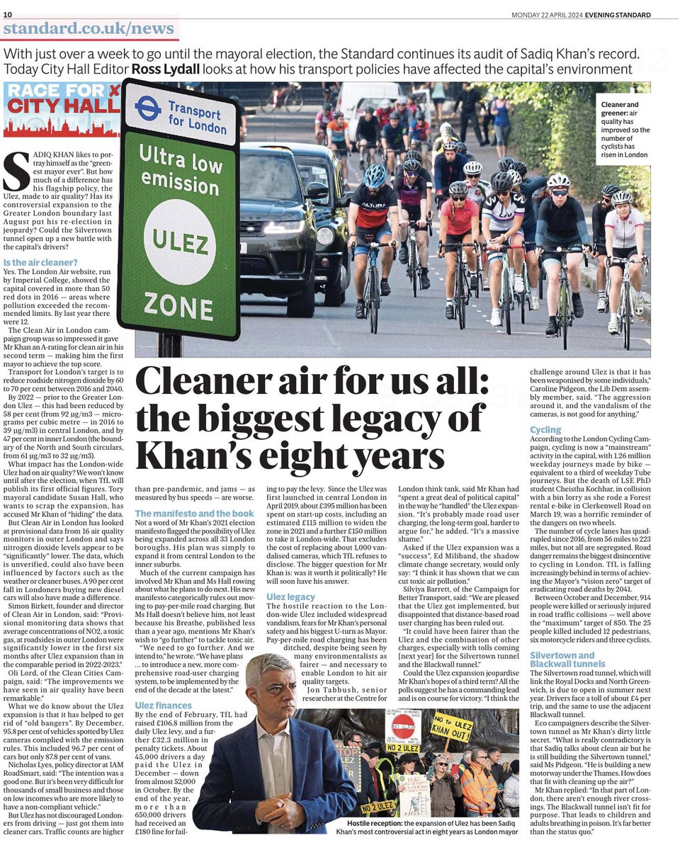 #LondonMayor | Blockbuster by @RossLydall about @SadiqKhan’s #CleanAir achievements (with data and quotes from @CleanAirLondon) << The first Mayor to be awarded ‘A’ for #CleanAir! ps nitrogen dioxide ‘significantly’ lower in Outer London after #ULEZ… STC standard.co.uk/news/london/sa…