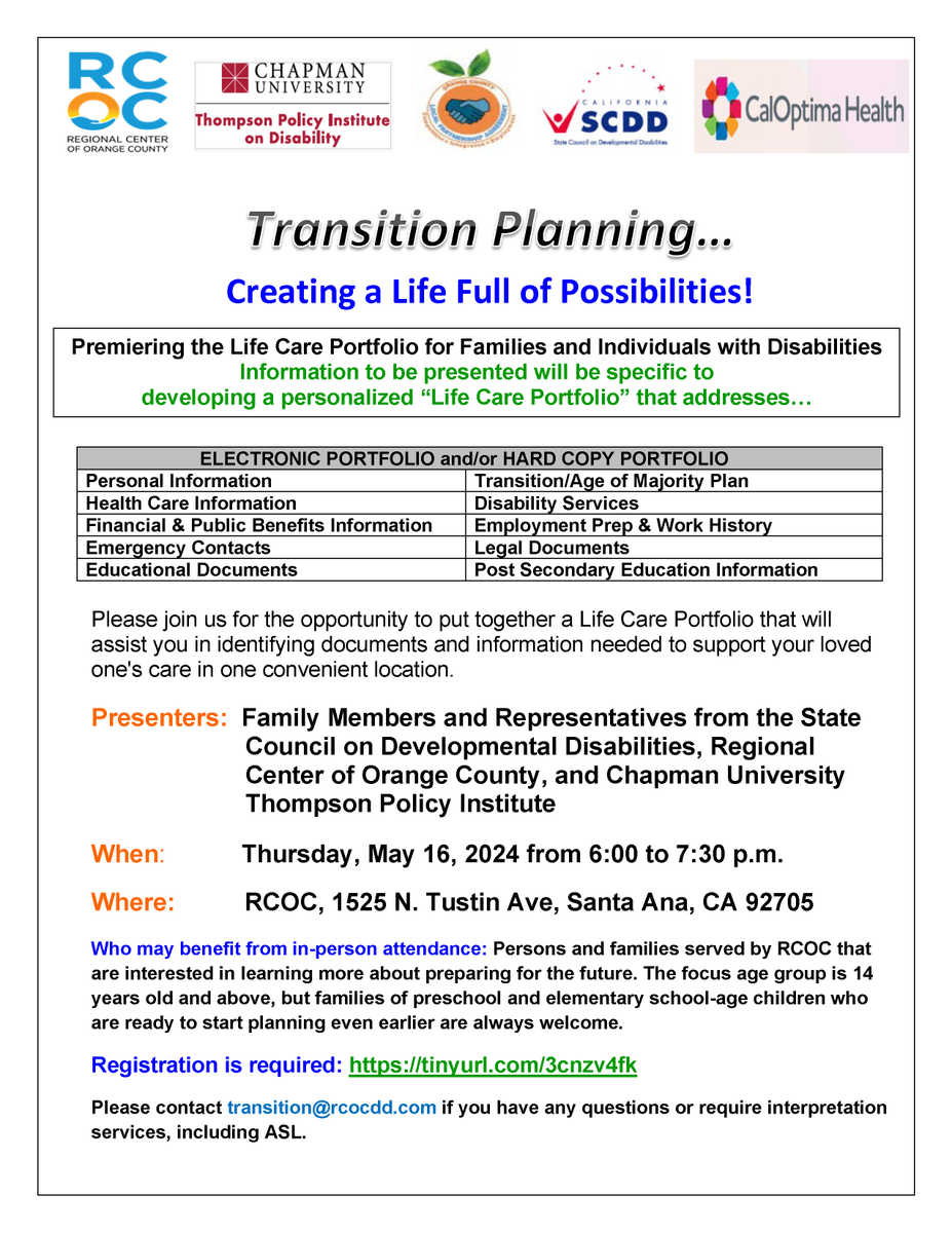 Join our transition team and partners in an upcoming in-person workshop on 5/16 at 6:00pm in Santa Ana. @RegionalCntrOC @CalSCDD @CalOptima See the flyer for additional details and register here: tinyurl.com/3cnzv4fk