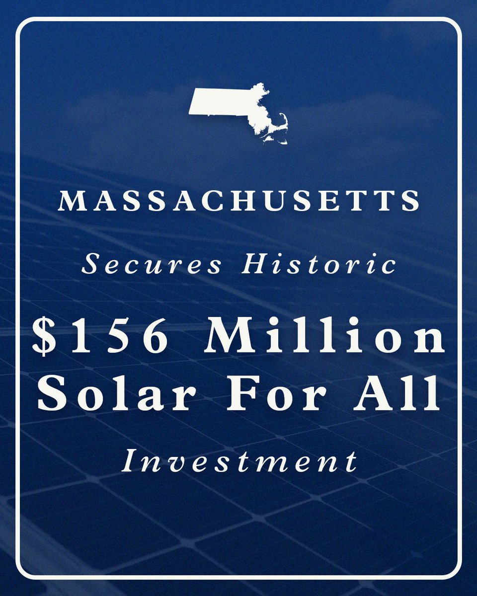 A great day for clean energy in MA! Our historic $156M Solar for All award from @EPA has the power to reduce energy costs by 20% for 31,000 low-income and disadvantaged households, support 2,800 clean energy jobs, and decrease annual carbon emissions by 70,000 tons — that’s huge.