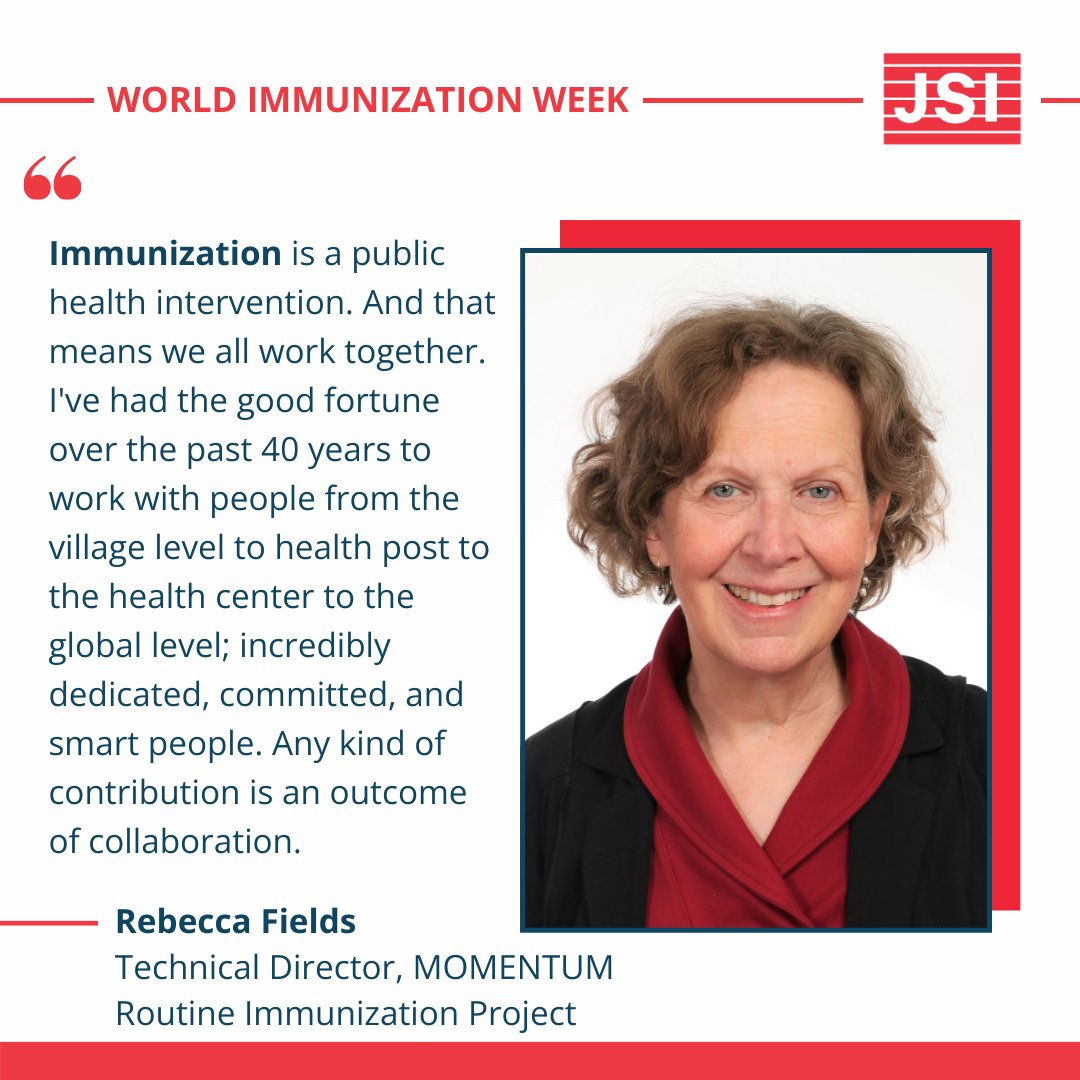 💉🌍 Meet our colleague Rebecca Fields as she shares how EPI programs have been at the forefront of global health, ensuring universal access to life-saving vaccines. jsi.com/project/moment… #EPI50 #VaccinesWork #WIW2024