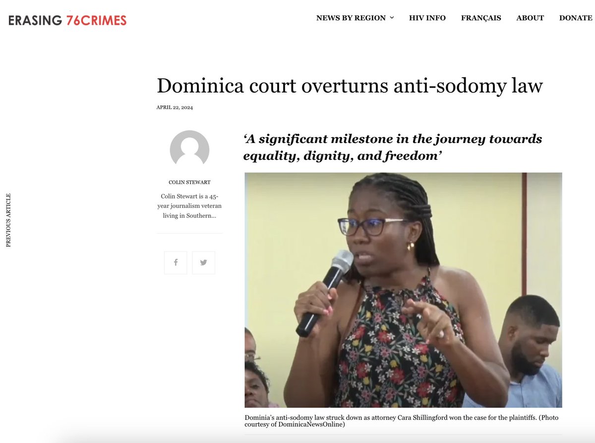 Great news in Dominica! 🇩🇲 'The High Court of the Caribbean island nation of Dominica has ruled that Dominica’s law against consensual same-sex intimacy is unconstitutional' 76crimes.com/2024/04/22/ant…